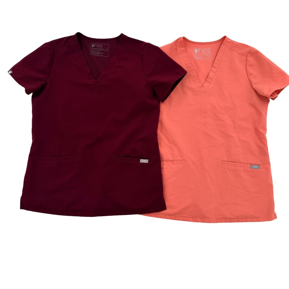 FIGS Technical Collection Scrub Tops 2 Pack Burgundy Coral V-Neck Womens XS